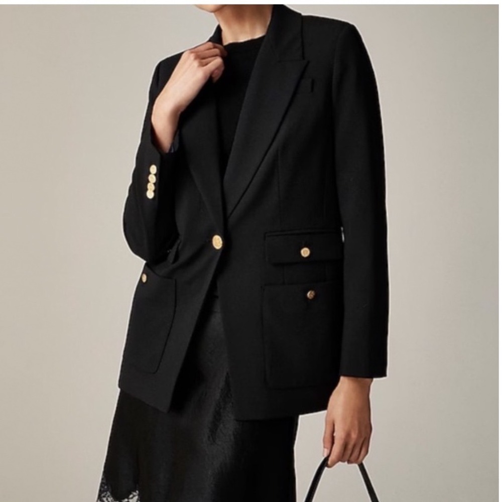 J.Crew Vivienne Blazer Womens 2 Black Italian Bi Stretch Wool Gold Crest Buttons